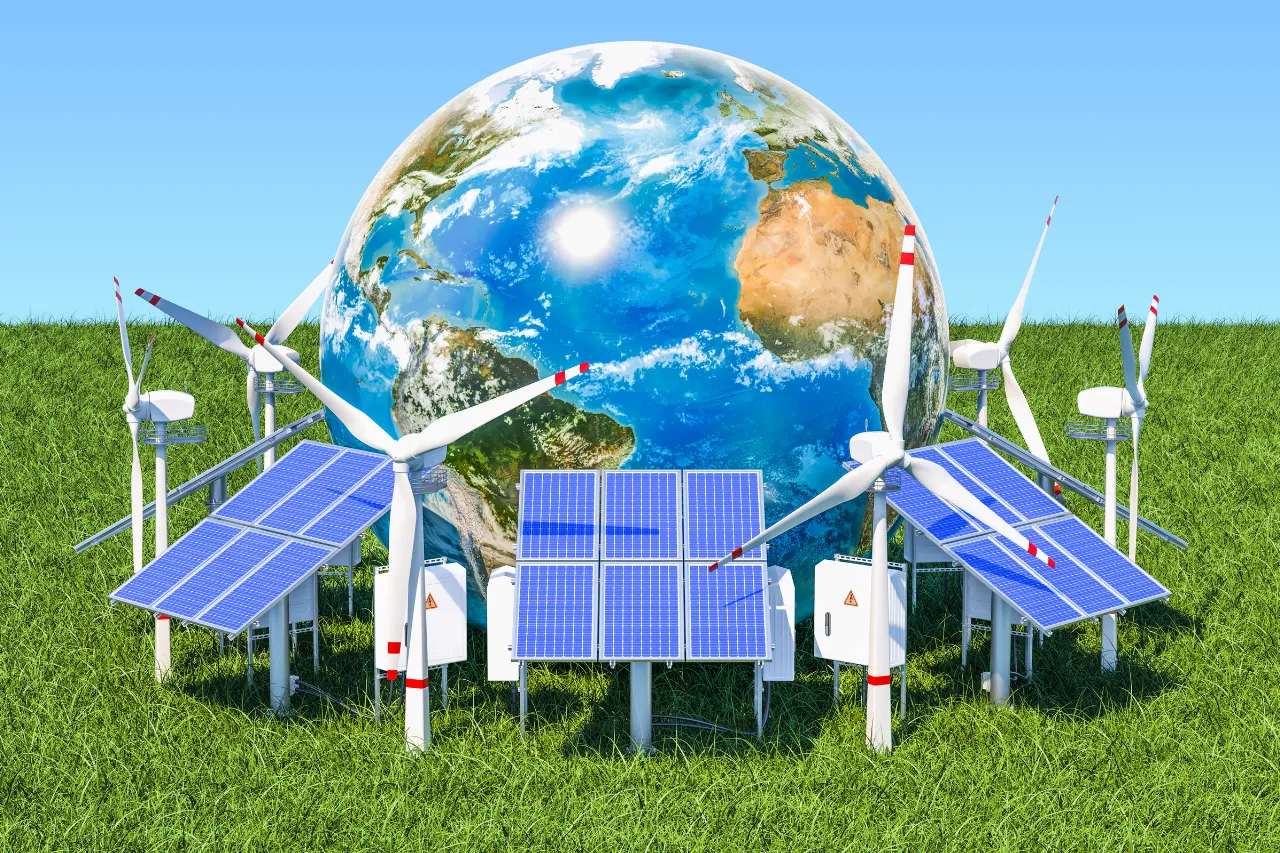 Pianeta Terra circondato da turbine eoliche e pannelli solari