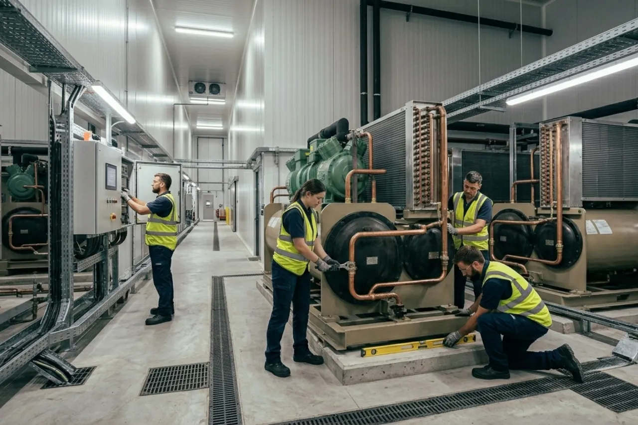 Tecnici al lavoro in impianto frigorifero industriale