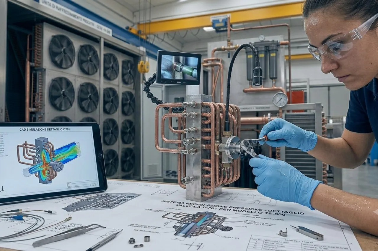 Tecnica lavora su scambiatore di calore in laboratorio