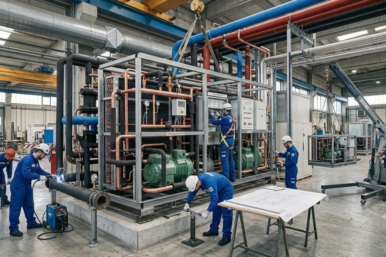 Tecnici assemblano grande impianto industriale con tubazioni