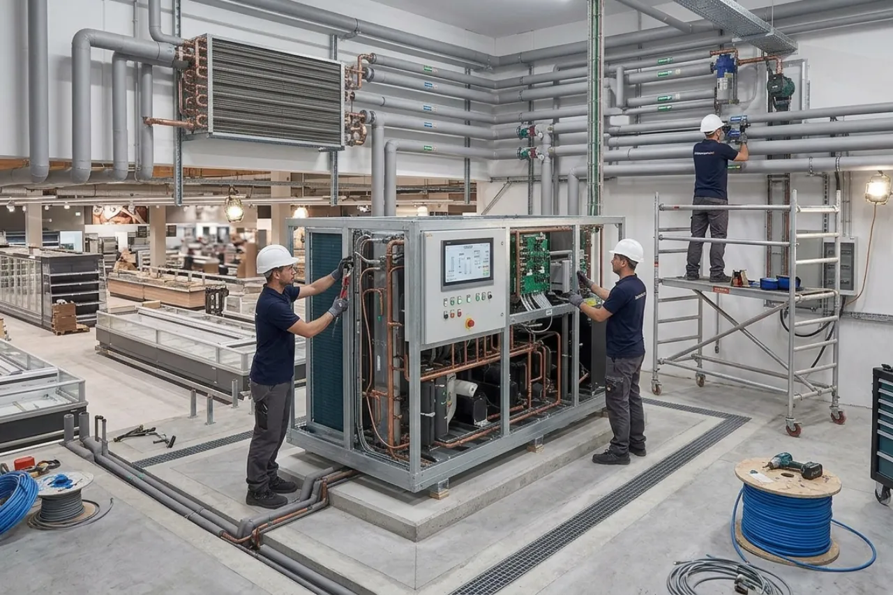 Tecnici installano impianto HVAC industriale con tubazioni