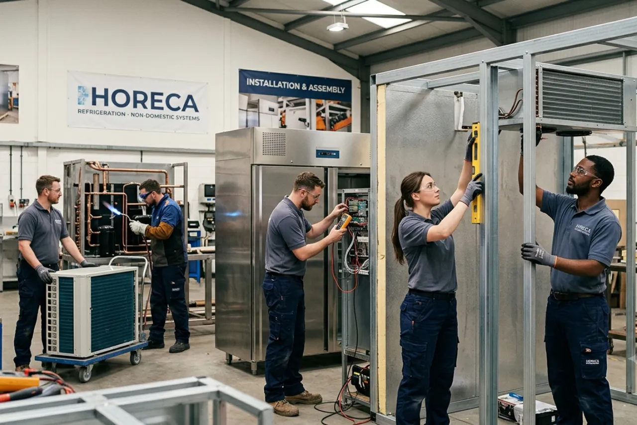 Tecnici assemblano impianti di refrigerazione industriale