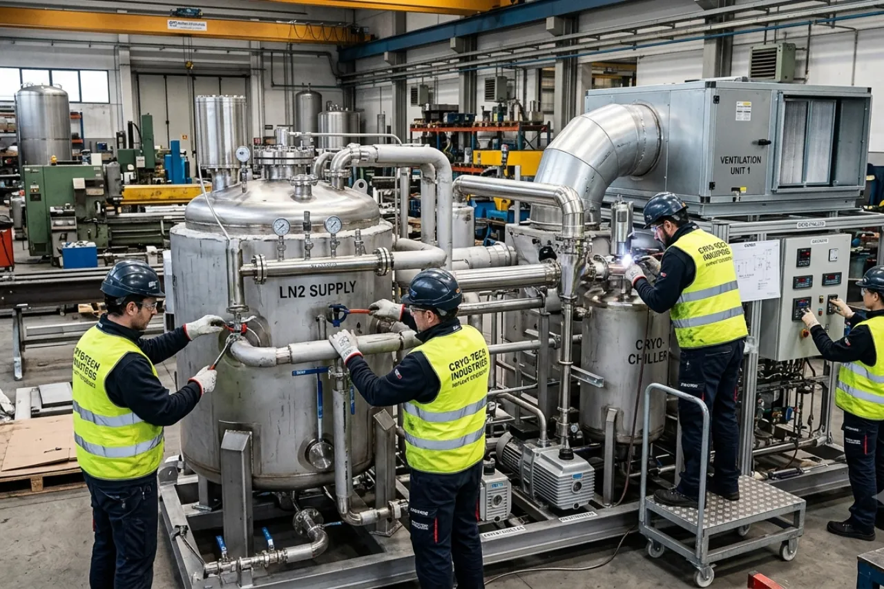 Tecnici lavorano su impianto industriale criogenico