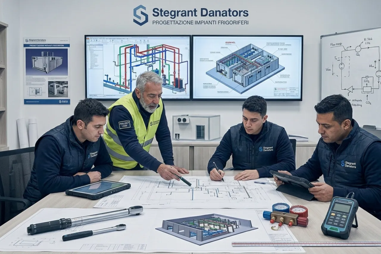 Team di ingegneri analizza progetto impianto frigorifero
