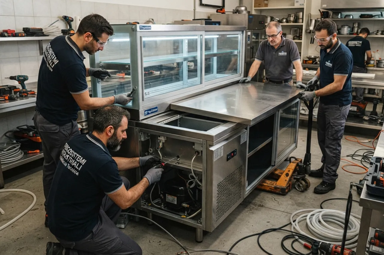Tecnici installano banco frigorifero in acciaio inox