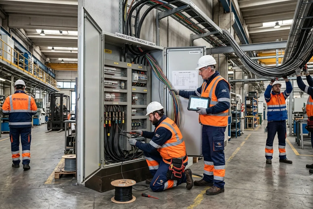 Tecnici lavorano su quadro elettrico industriale