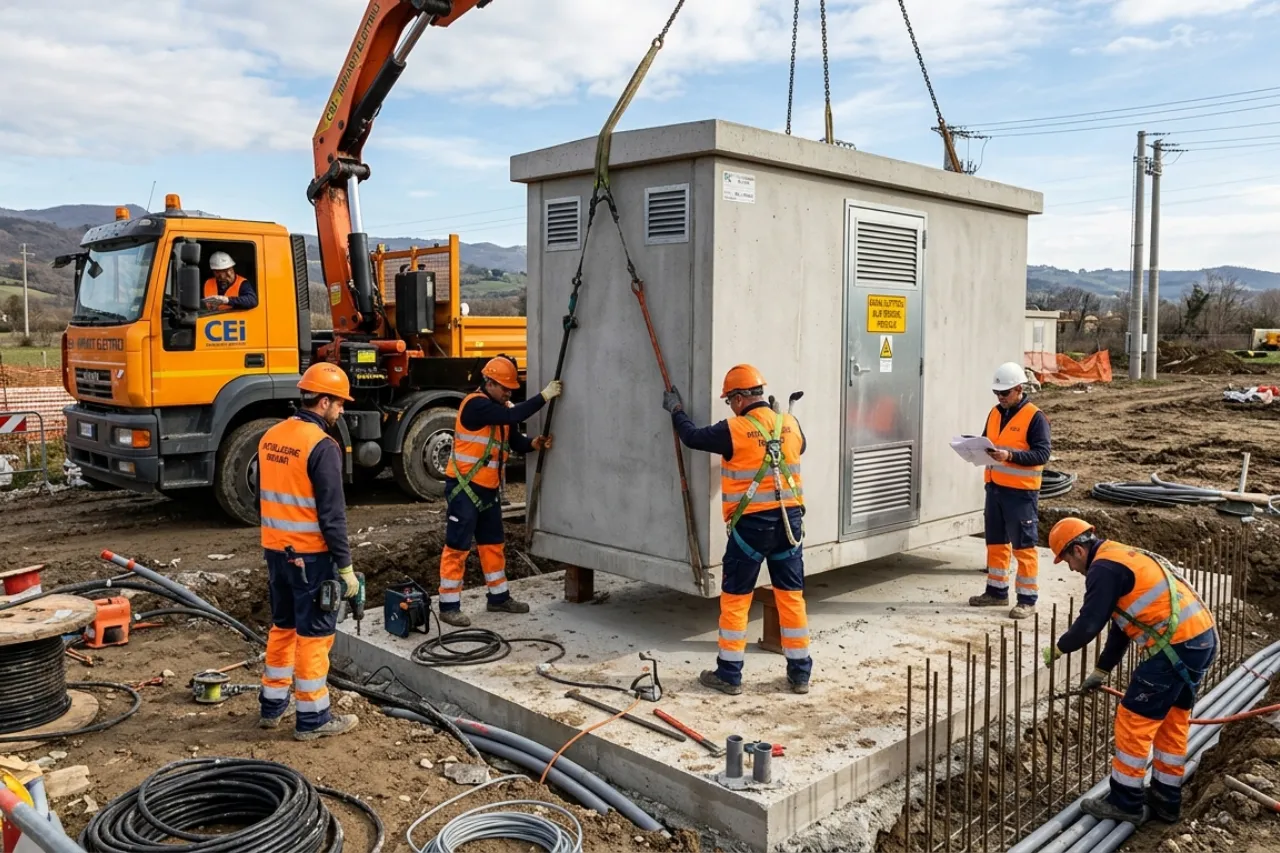 Installazione cabina elettrica prefabbricata con gru