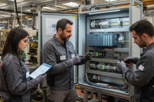 Tecnici lavorano su quadro elettrico industriale