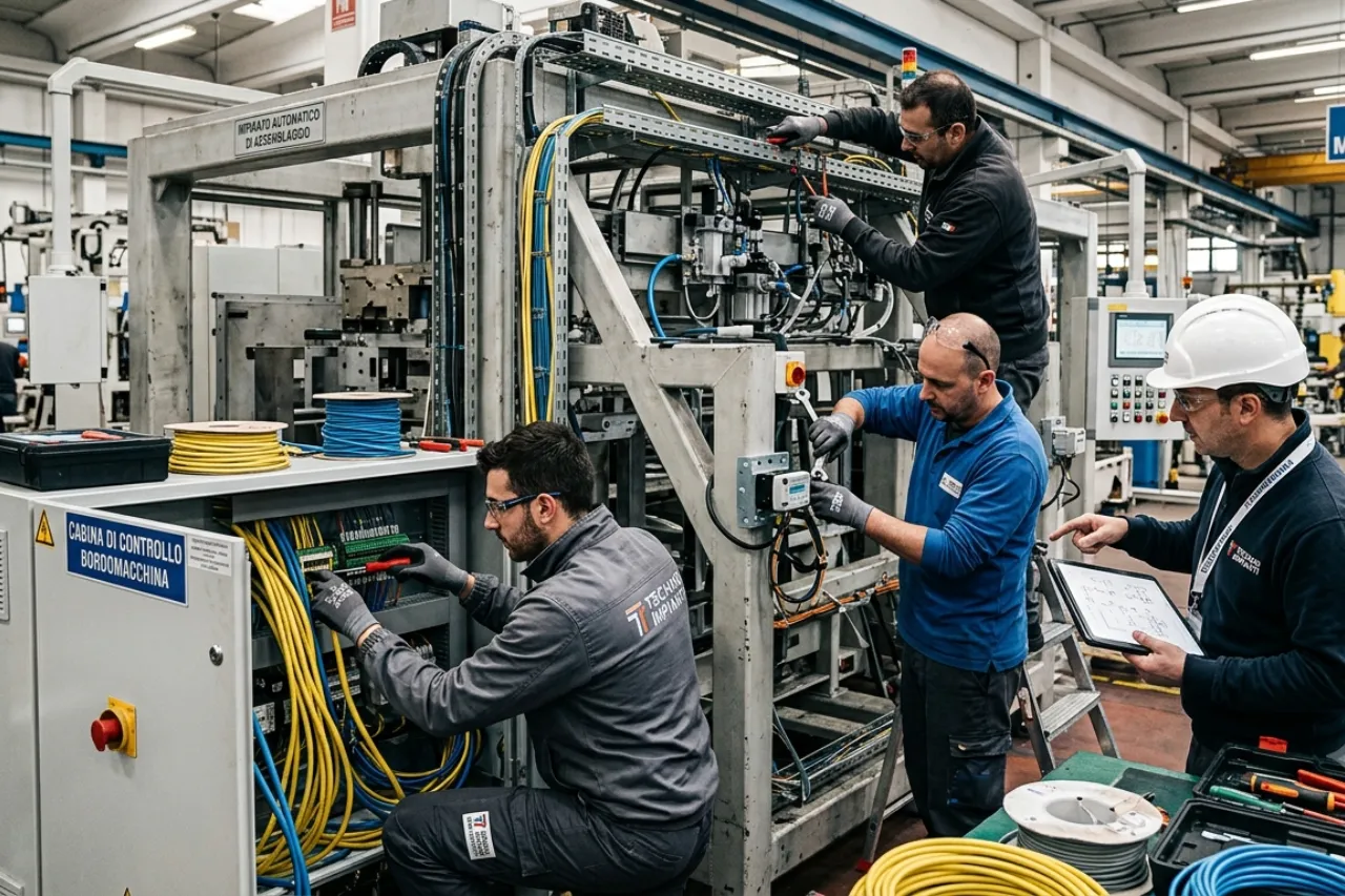 Tecnici lavorano su macchinario industriale in fabbrica