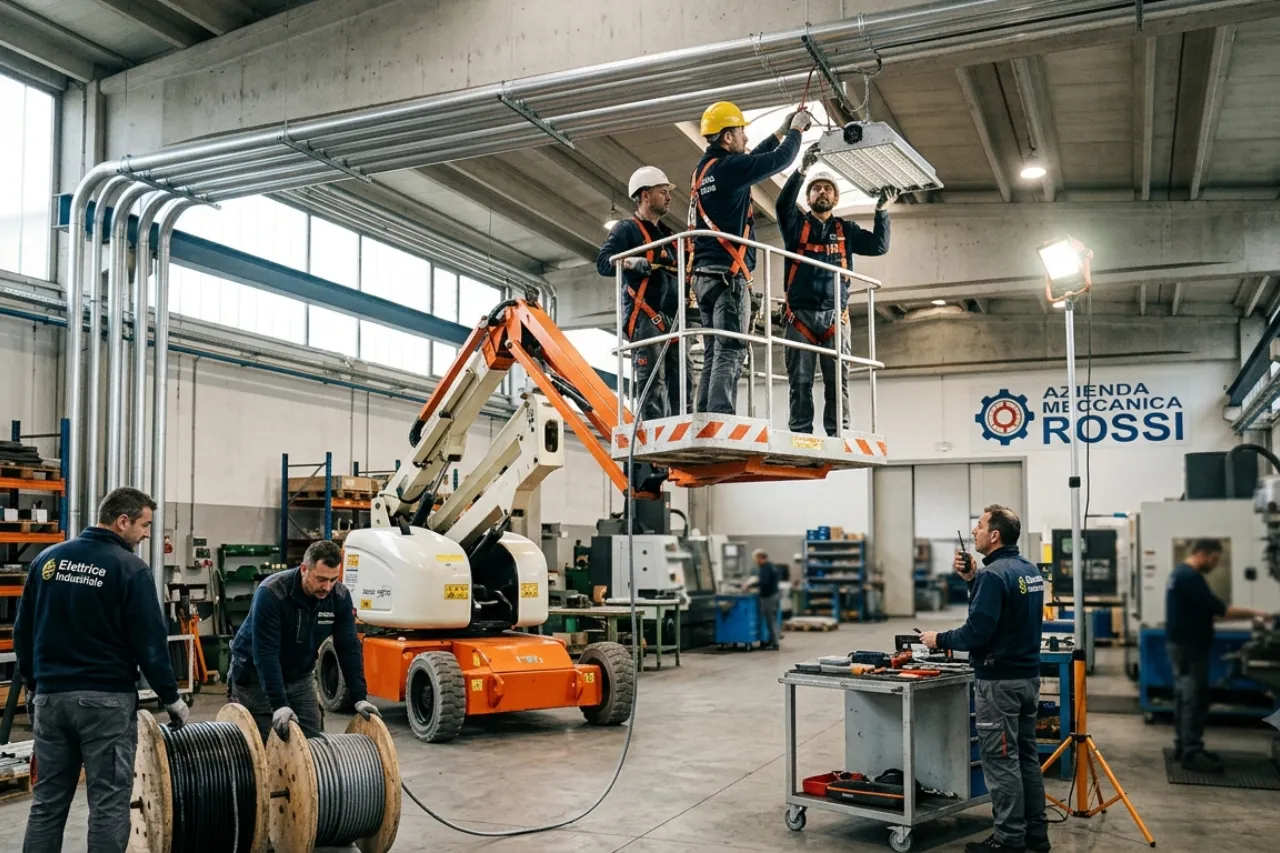 Operai installano illuminazione su piattaforma elevatrice in officina