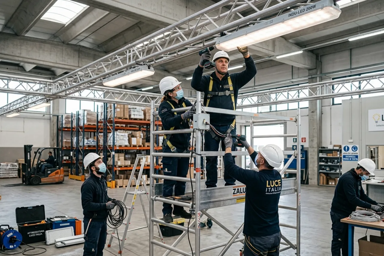 Tecnici installano illuminazione LED in magazzino industriale