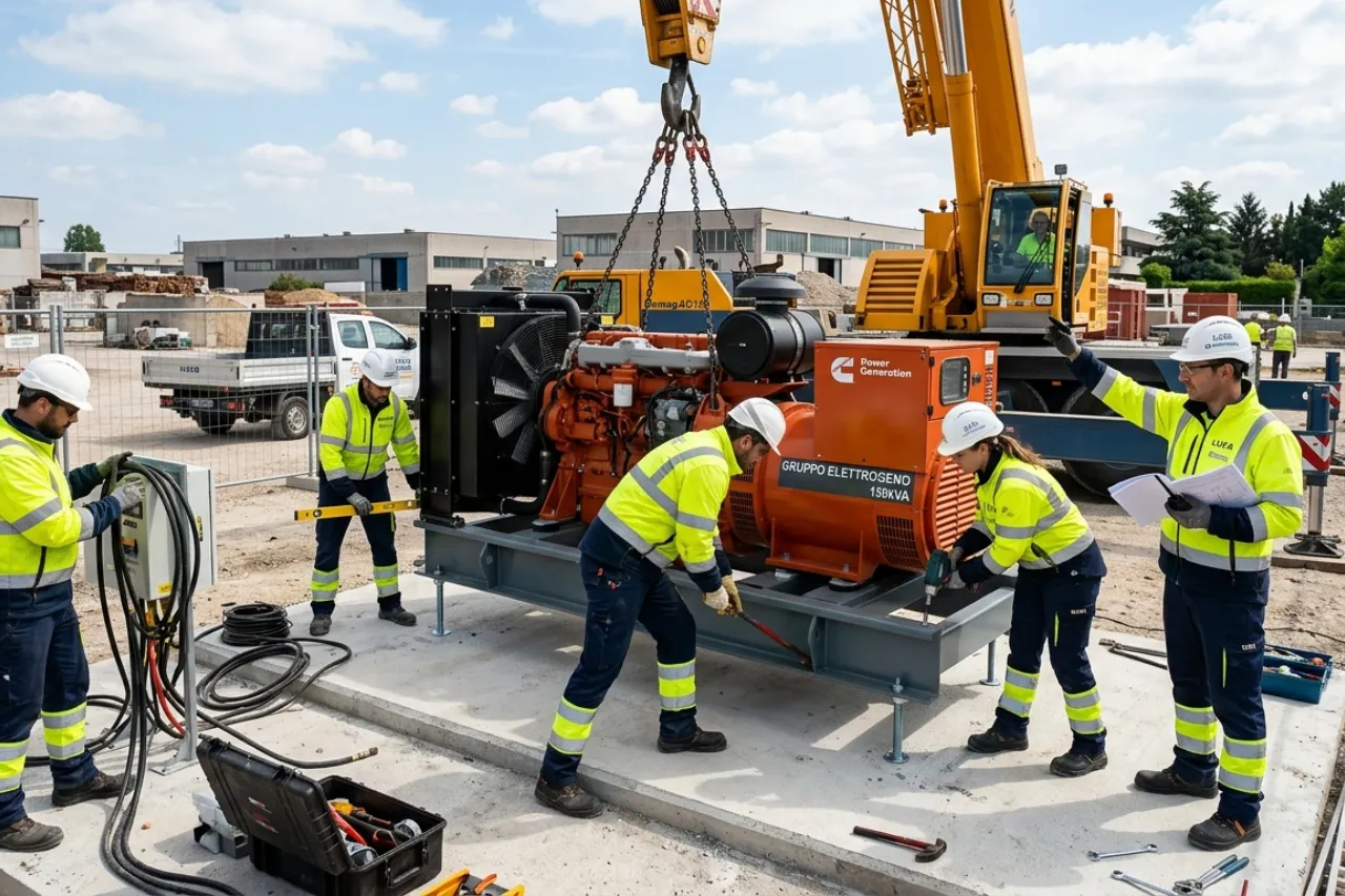 Installazione gruppo elettrogeno con gru in cantiere