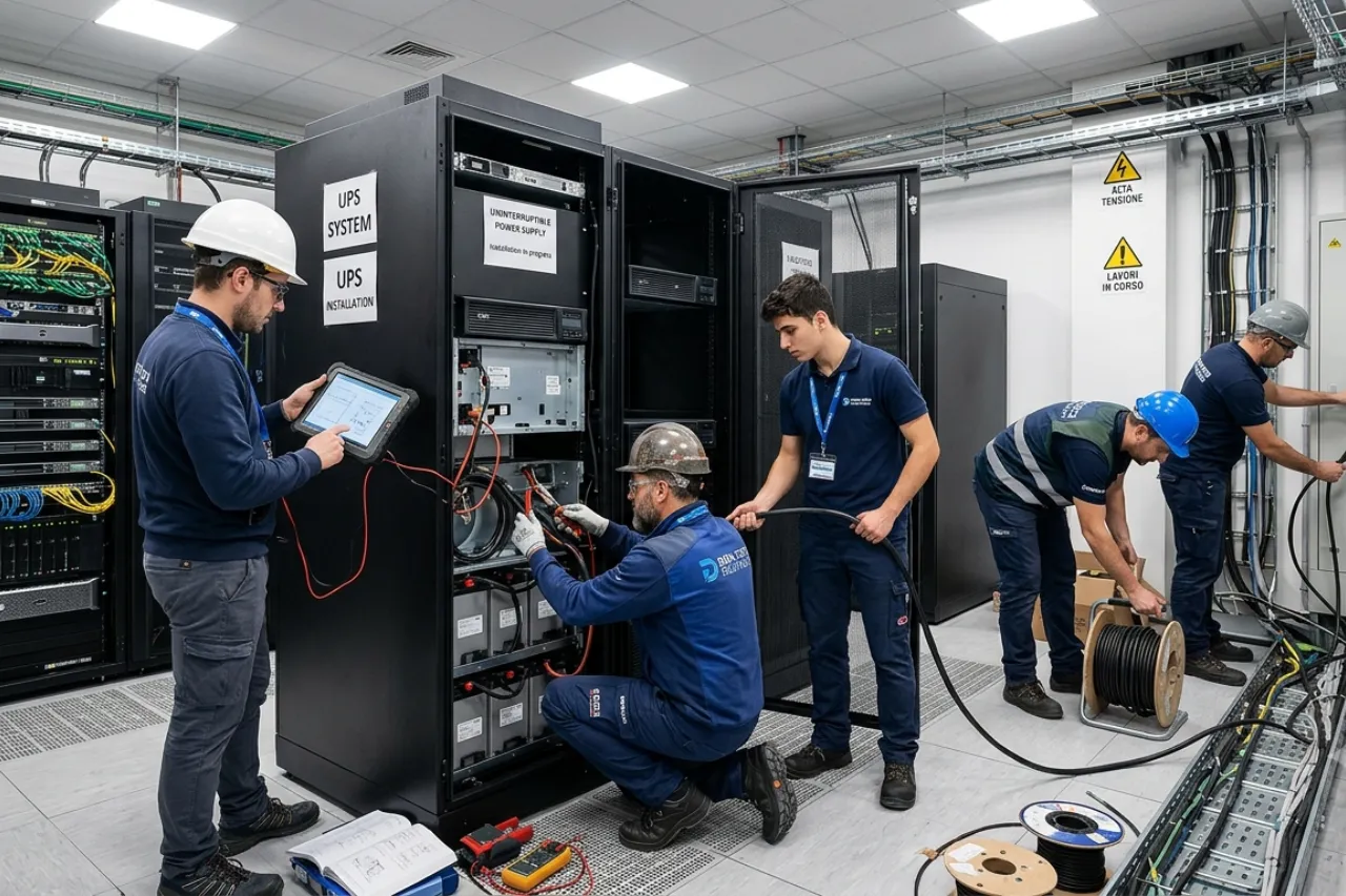 Tecnici installano sistema UPS in sala server