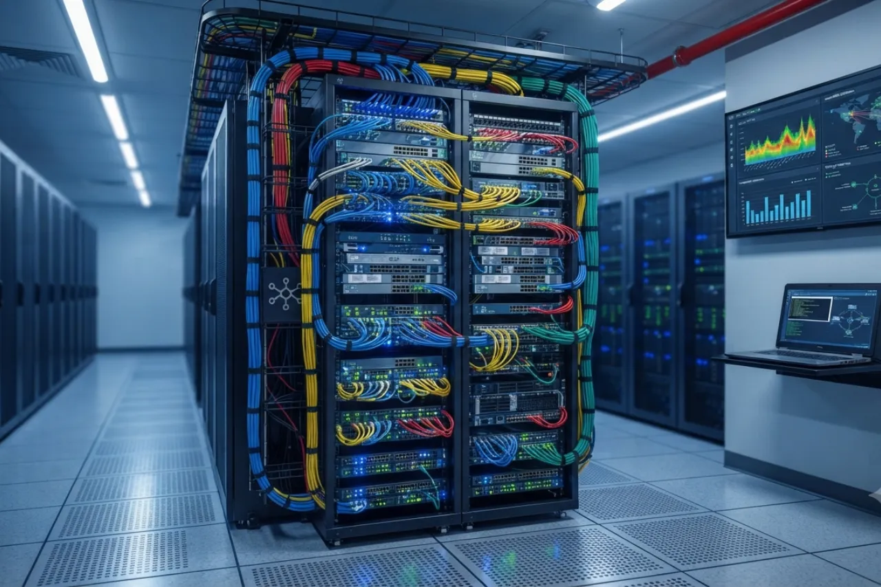 Rack server in data center con cavi colorati