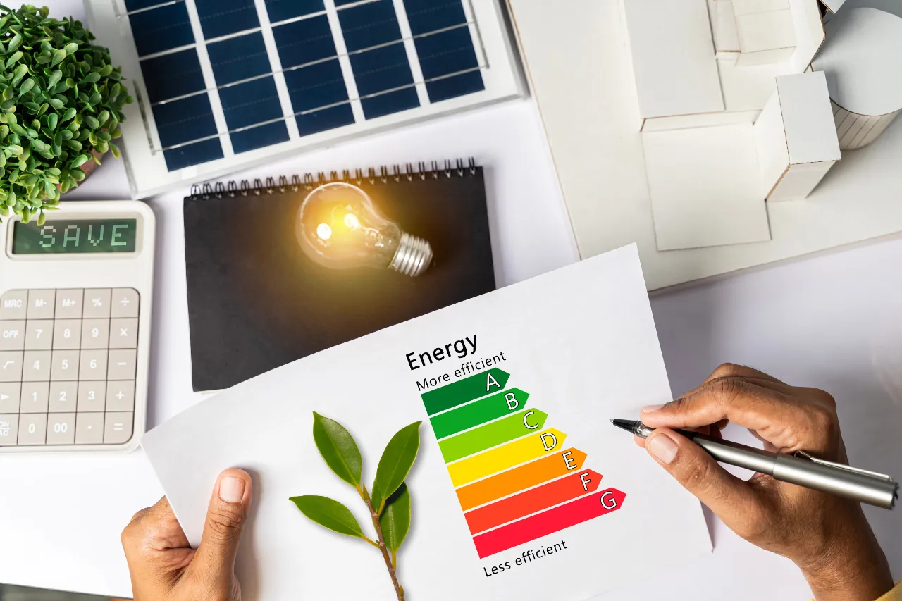 Etichetta energetica con pannello solare, lampadina e calcolatrice