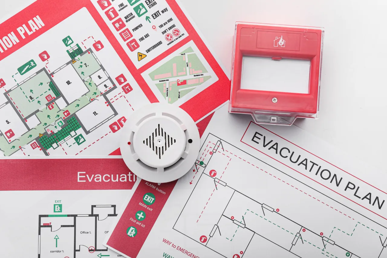 Piani di evacuazione con rilevatore e pulsante antincendio