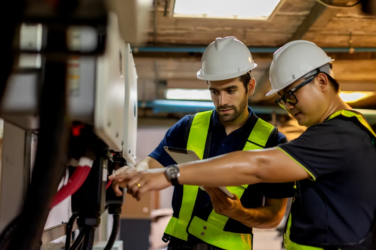 Due tecnici ispezionano un quadro elettrico industriale