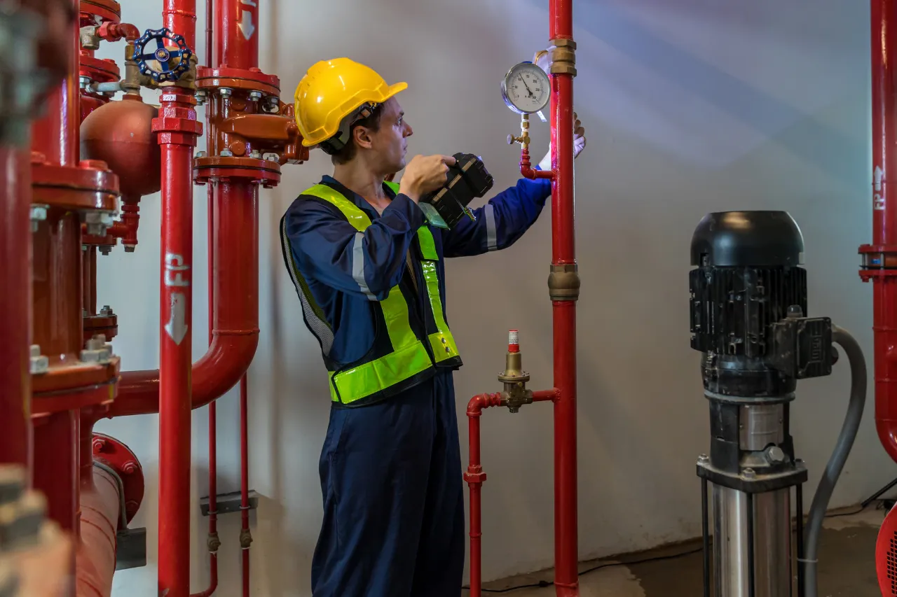 Tecnico controlla manometro dell’impianto antincendio