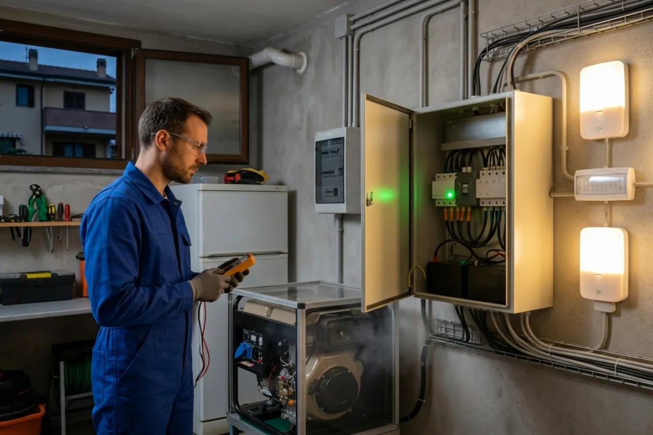 Tecnico controlla quadro elettrico e generatore