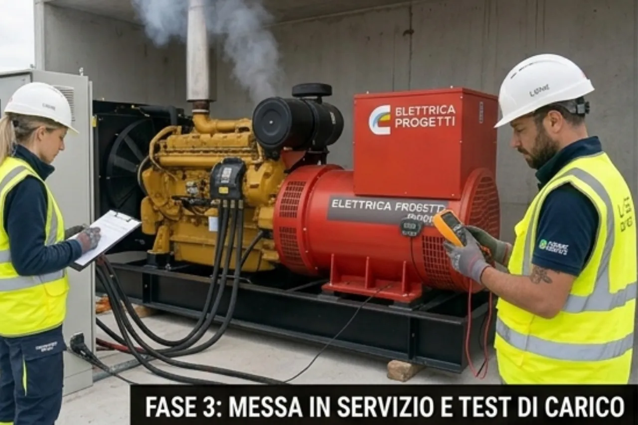 Tecnici testano generatore industriale durante messa in servizio