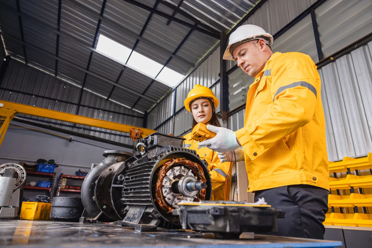 Tecnici ispezionano un motore elettrico in officina