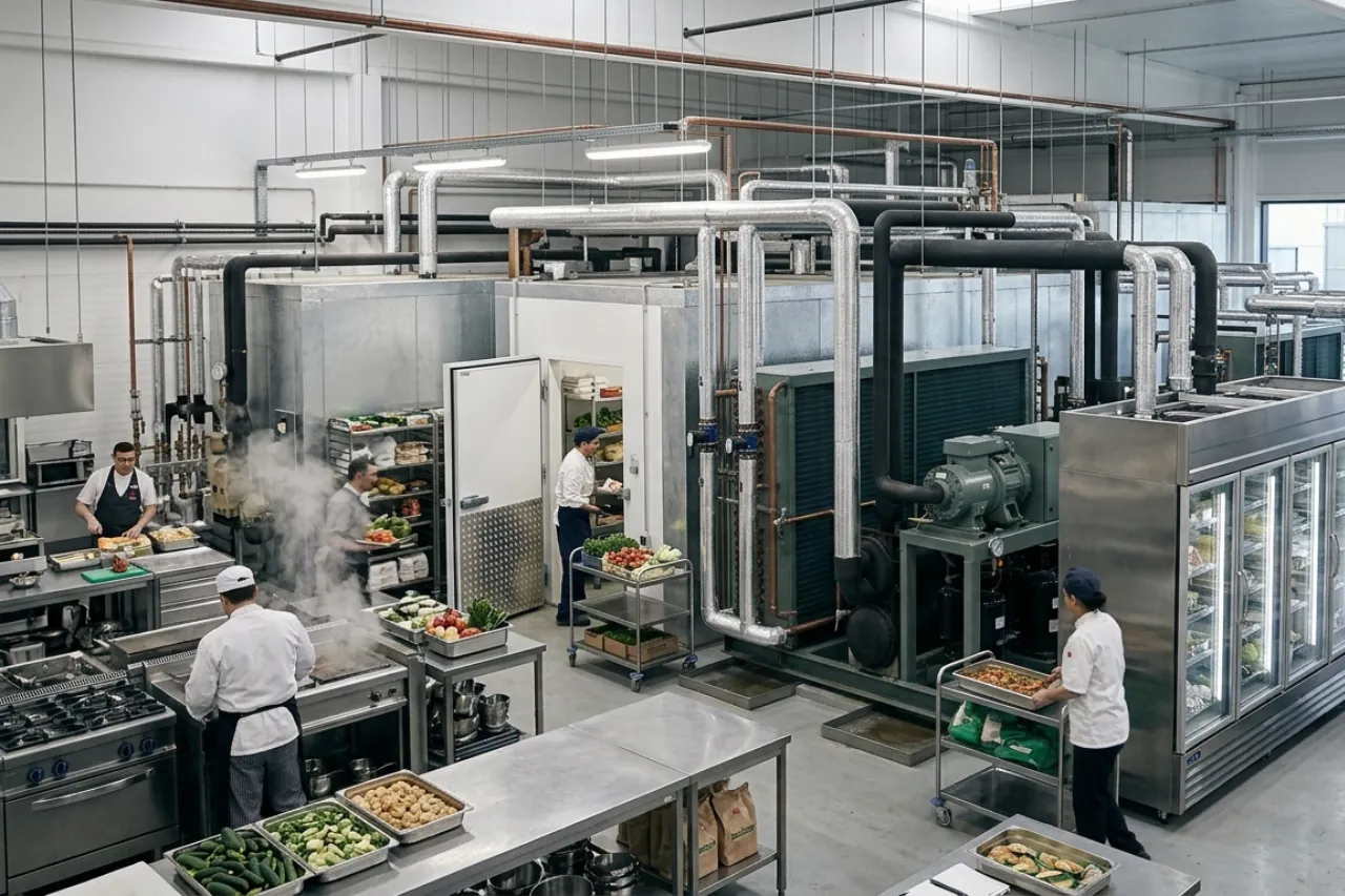 Cucina industriale con grandi impianti di refrigerazione