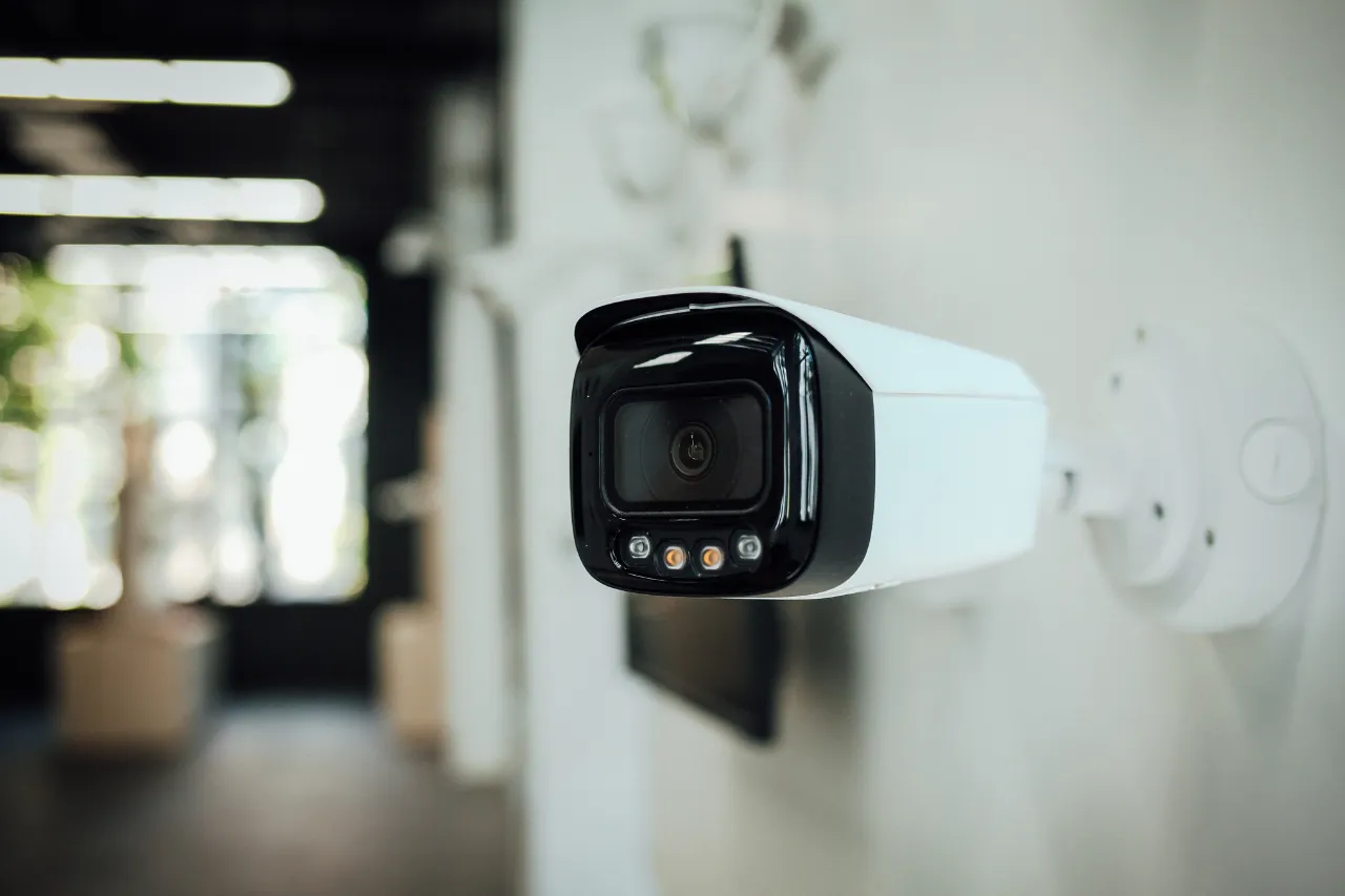 Telecamera di sicurezza bianca montata su parete interna
