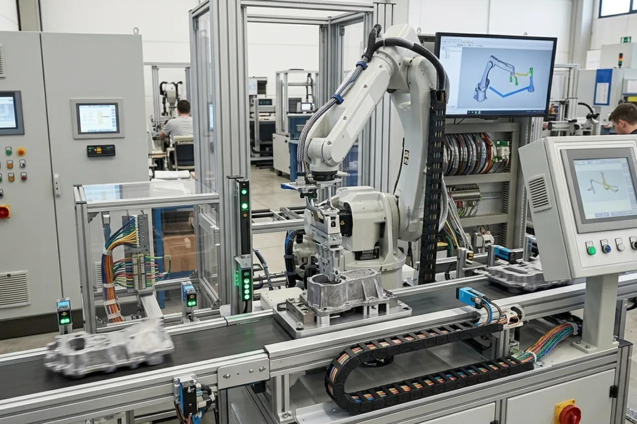 Braccio robotico su linea di assemblaggio industriale