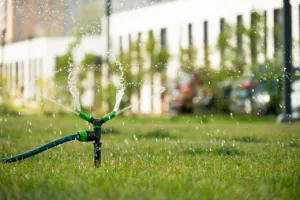 Irrigatore automatico annaffia un prato in giardino