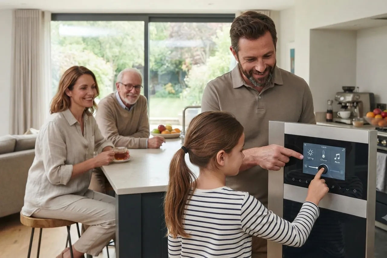 Famiglia usa forno smart in cucina moderna