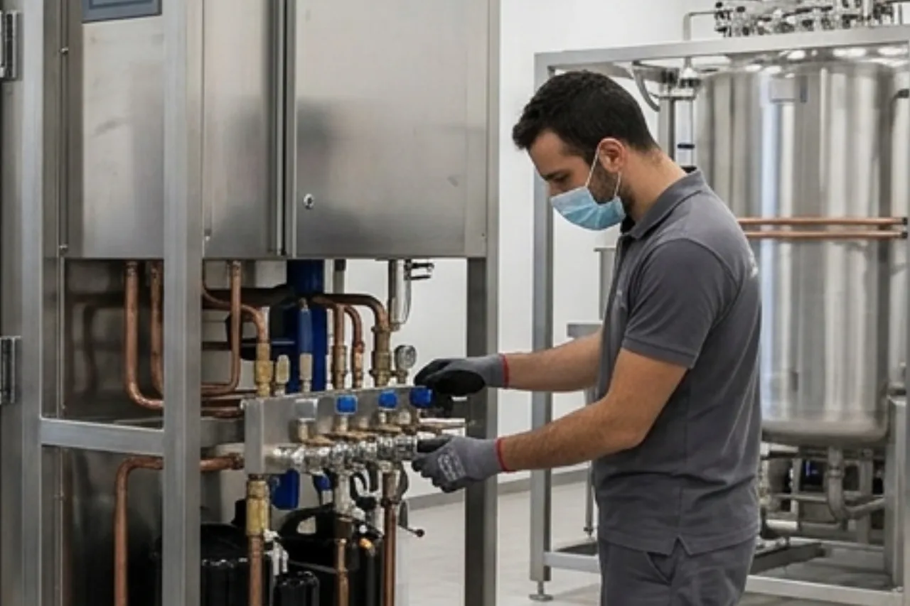 Tecnico con mascherina regola impianto industriale