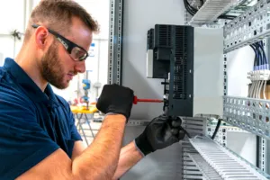 Tecnico installa componente in un quadro elettrico industriale