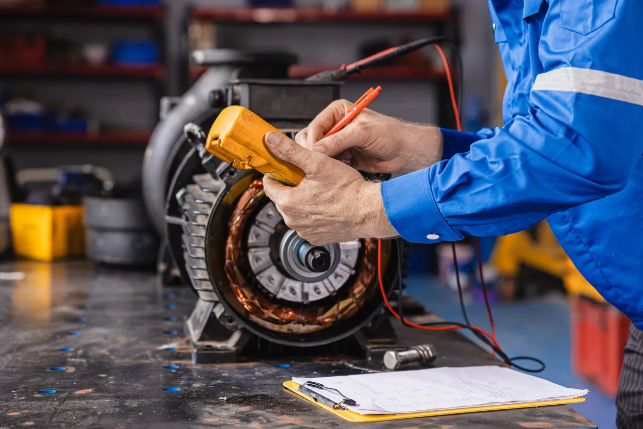 Tecnico misura un motore elettrico con multimetro