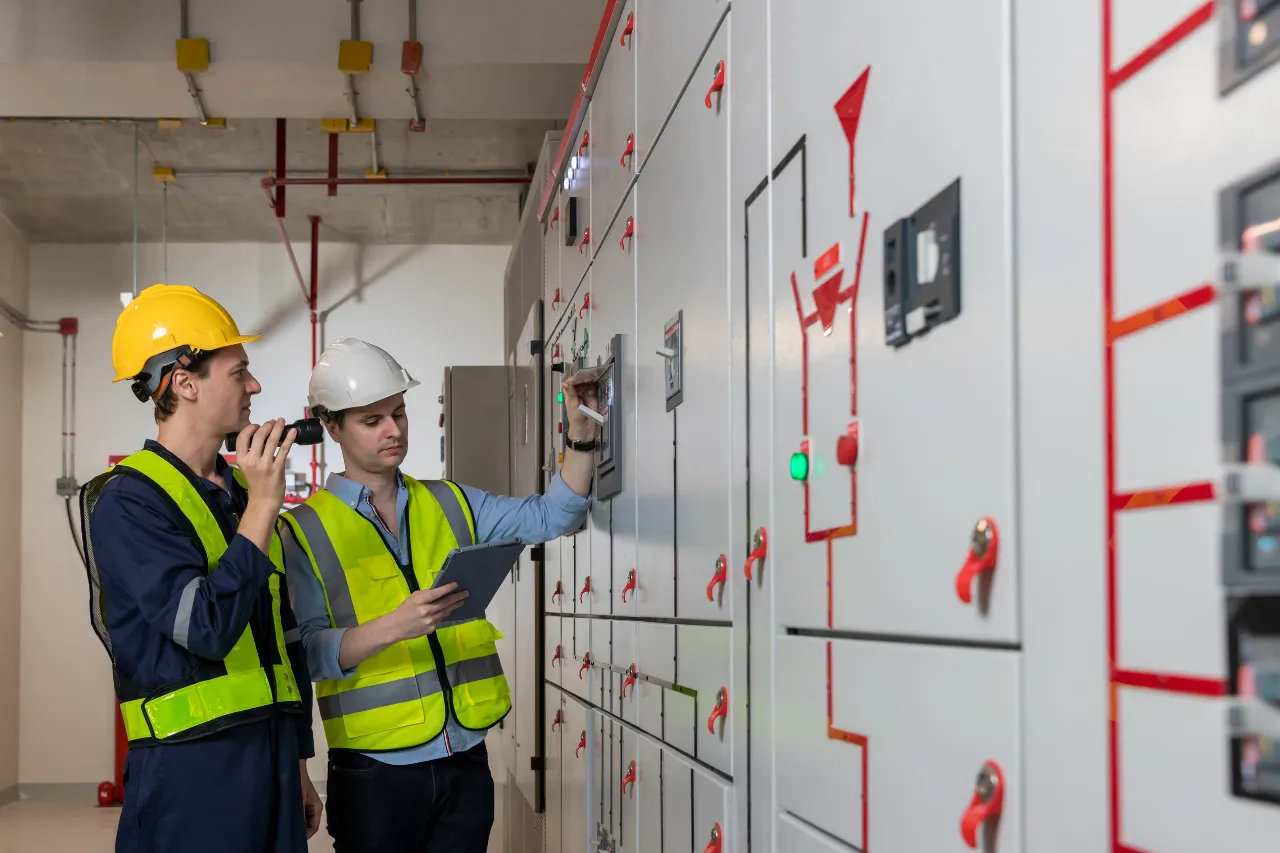 Tecnici ispezionano un quadro elettrico industriale