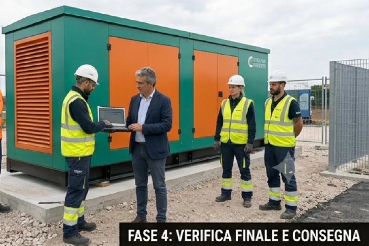 Tecnici verificano generatore industriale con laptop