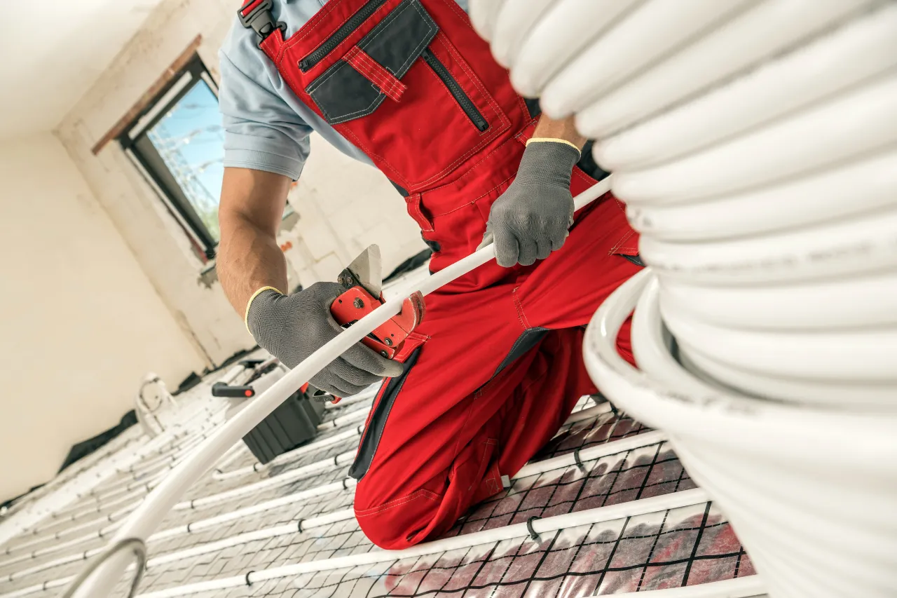 Tecnico taglia tubi per impianto di riscaldamento a pavimento