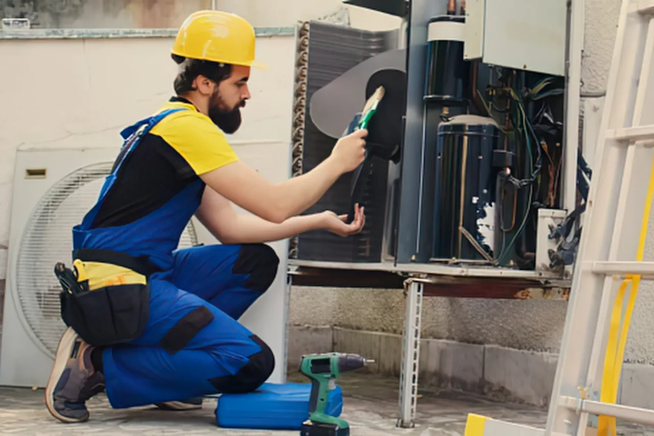 Tecnico ripara un condizionatore esterno con un pennello