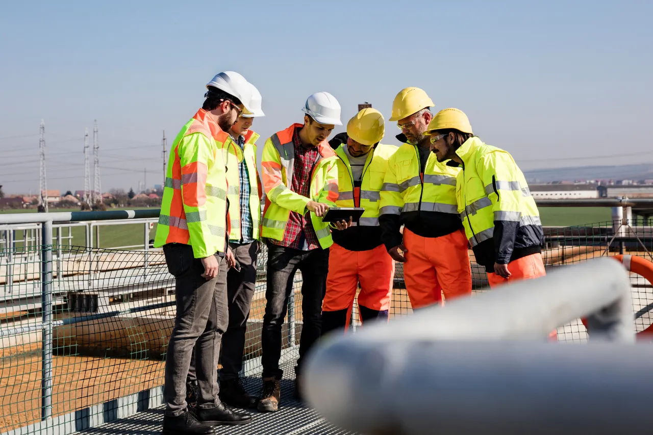 Tecnici discutono un tablet in un cantiere industriale