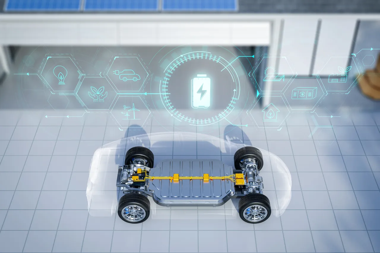 Telaio auto elettrica con batteria e icone energetiche