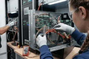 Tecnico collega cavi in quadro elettrico industriale