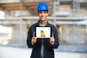 Tecnico mostra tablet con scala energetica di un edificio