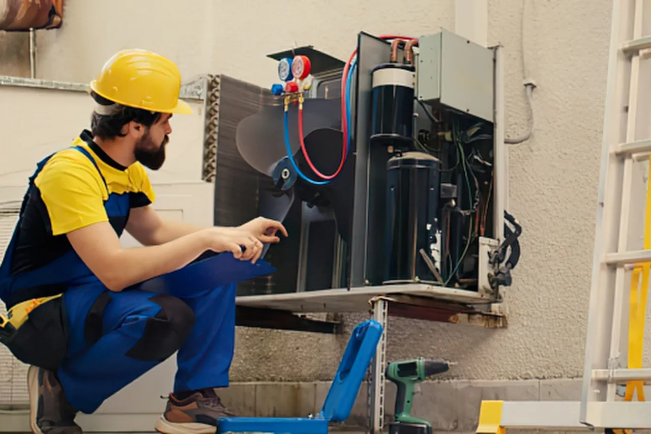 Tecnico controlla unità esterna di climatizzazione aperta