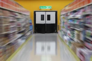 Uscita antincendio in fondo a corridoio di supermercato
