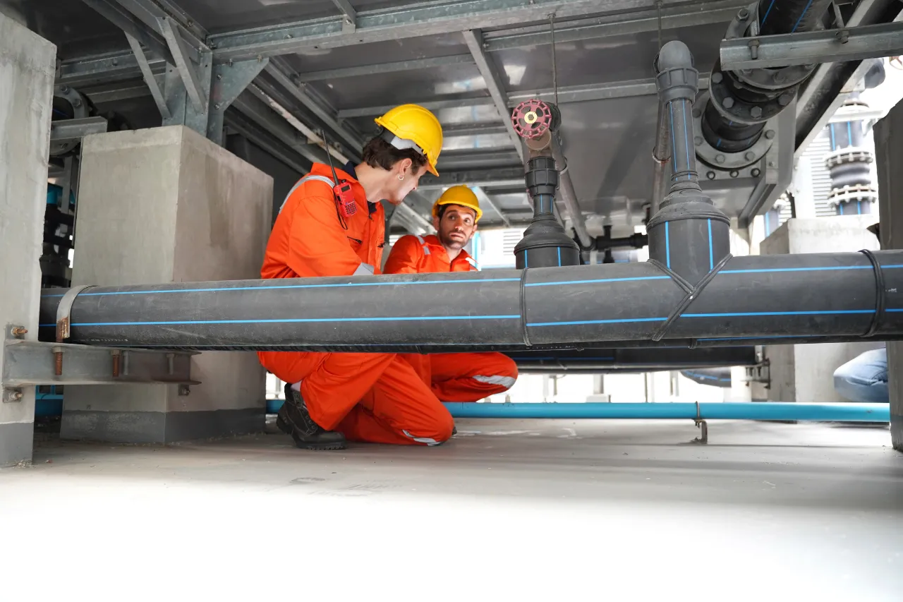 Tecnici ispezionano tubazioni industriali con dispositivi di sicurezza