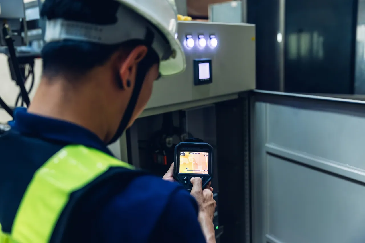 Tecnico ispeziona quadro elettrico con termocamera