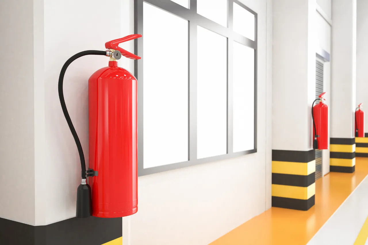 Estintore rosso montato in un corridoio industriale
