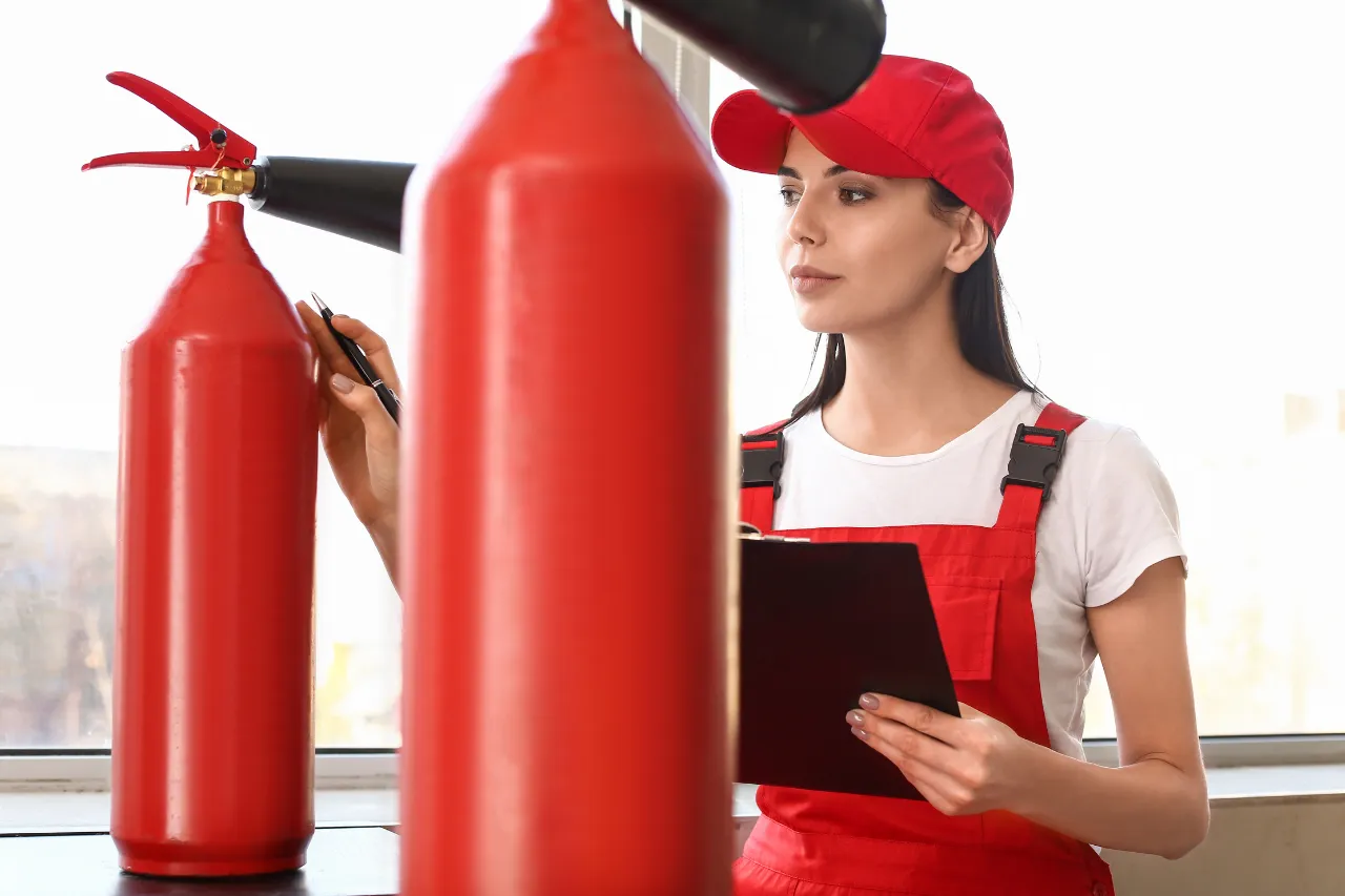 Tecnica controlla estintori rossi con checklist