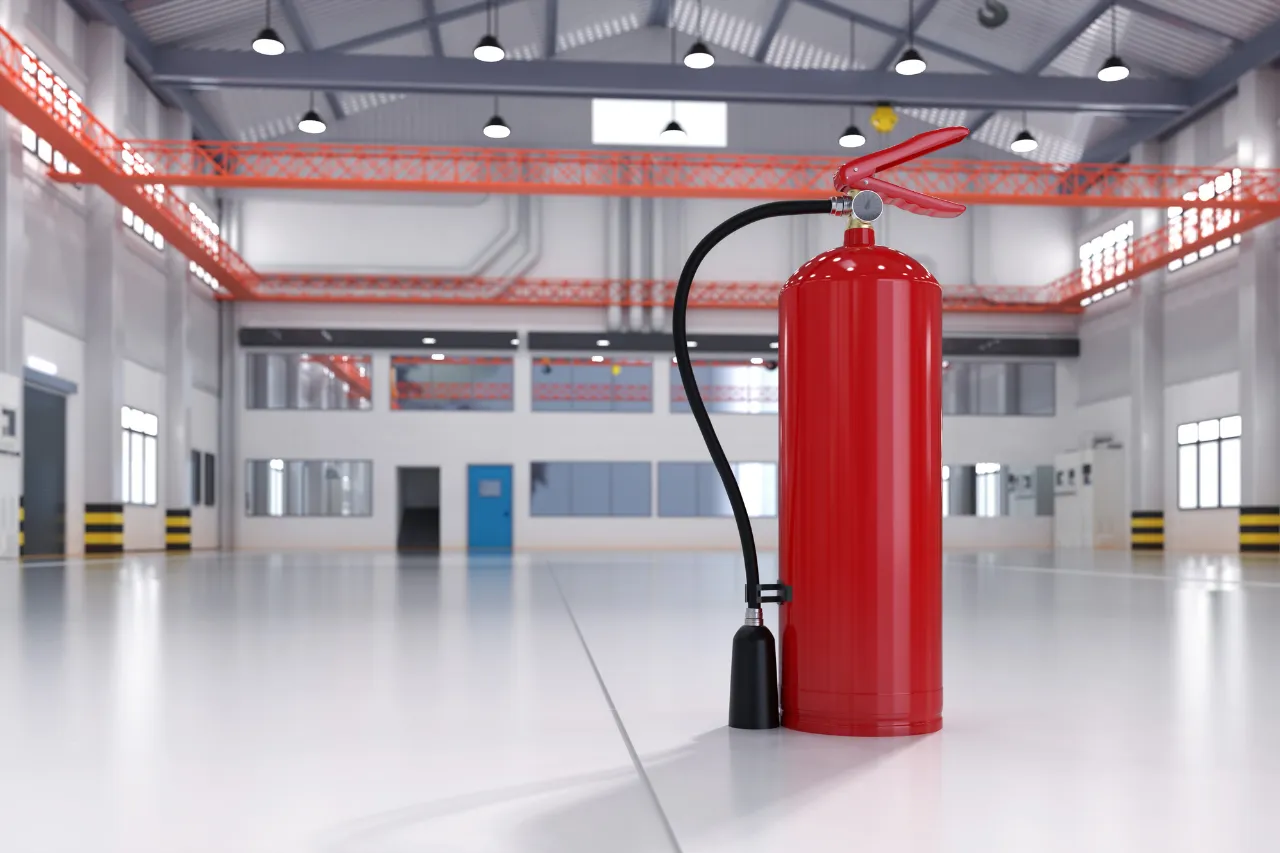 Estintore rosso in un capannone industriale