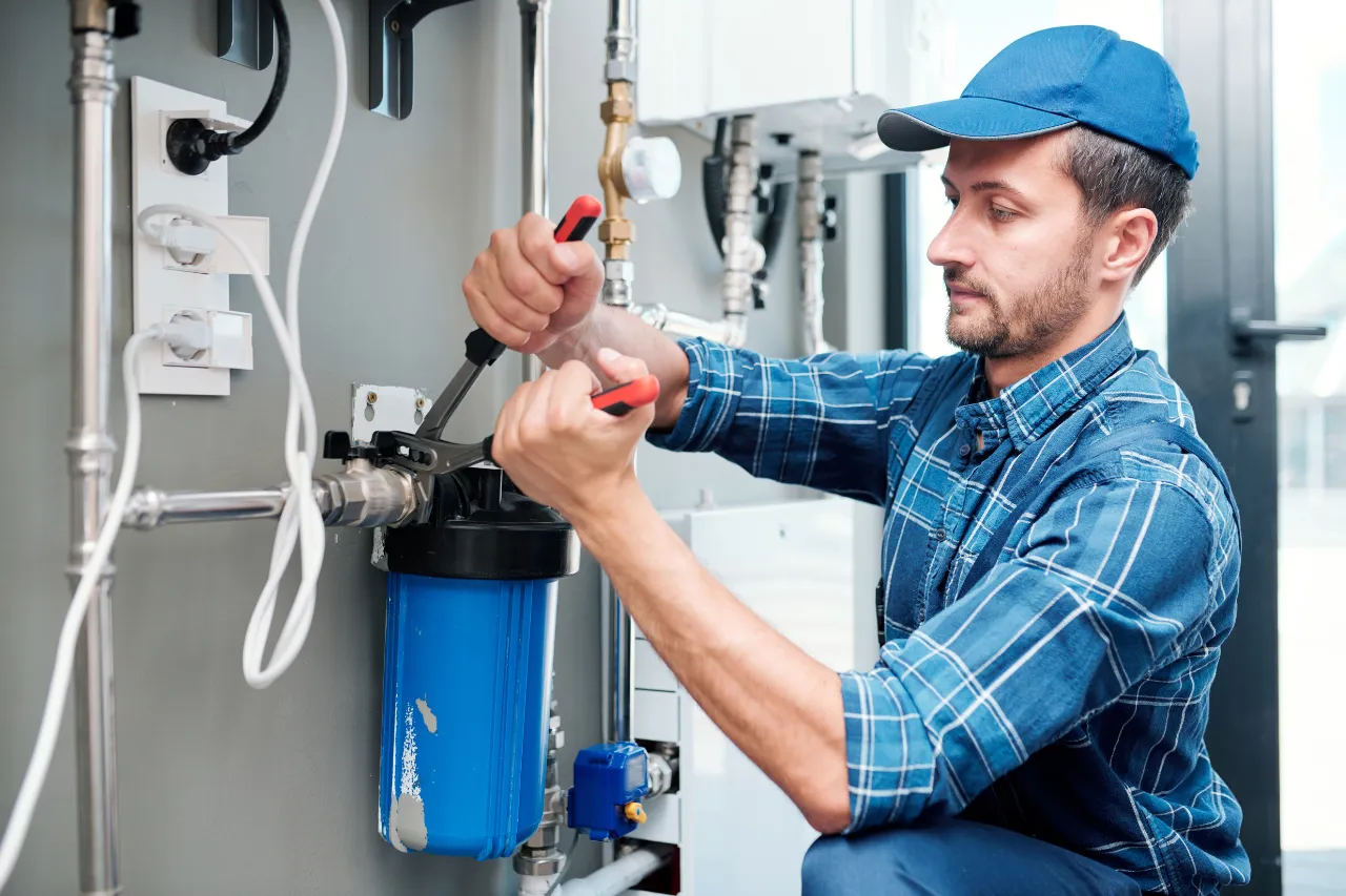 Tecnico installa un filtro dell’acqua domestico