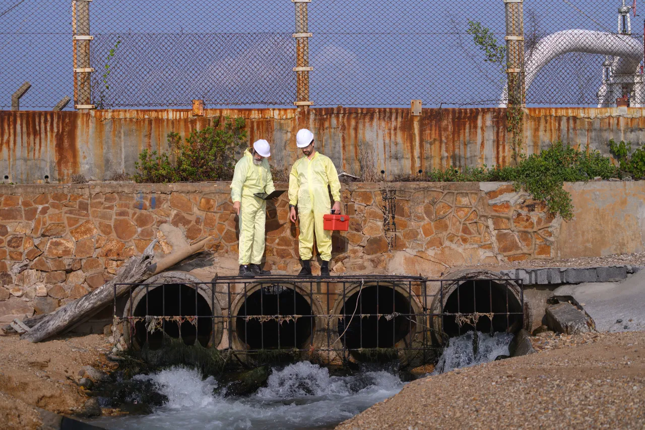 Tecnici ispezionano scarichi industriali con acqua corrente
